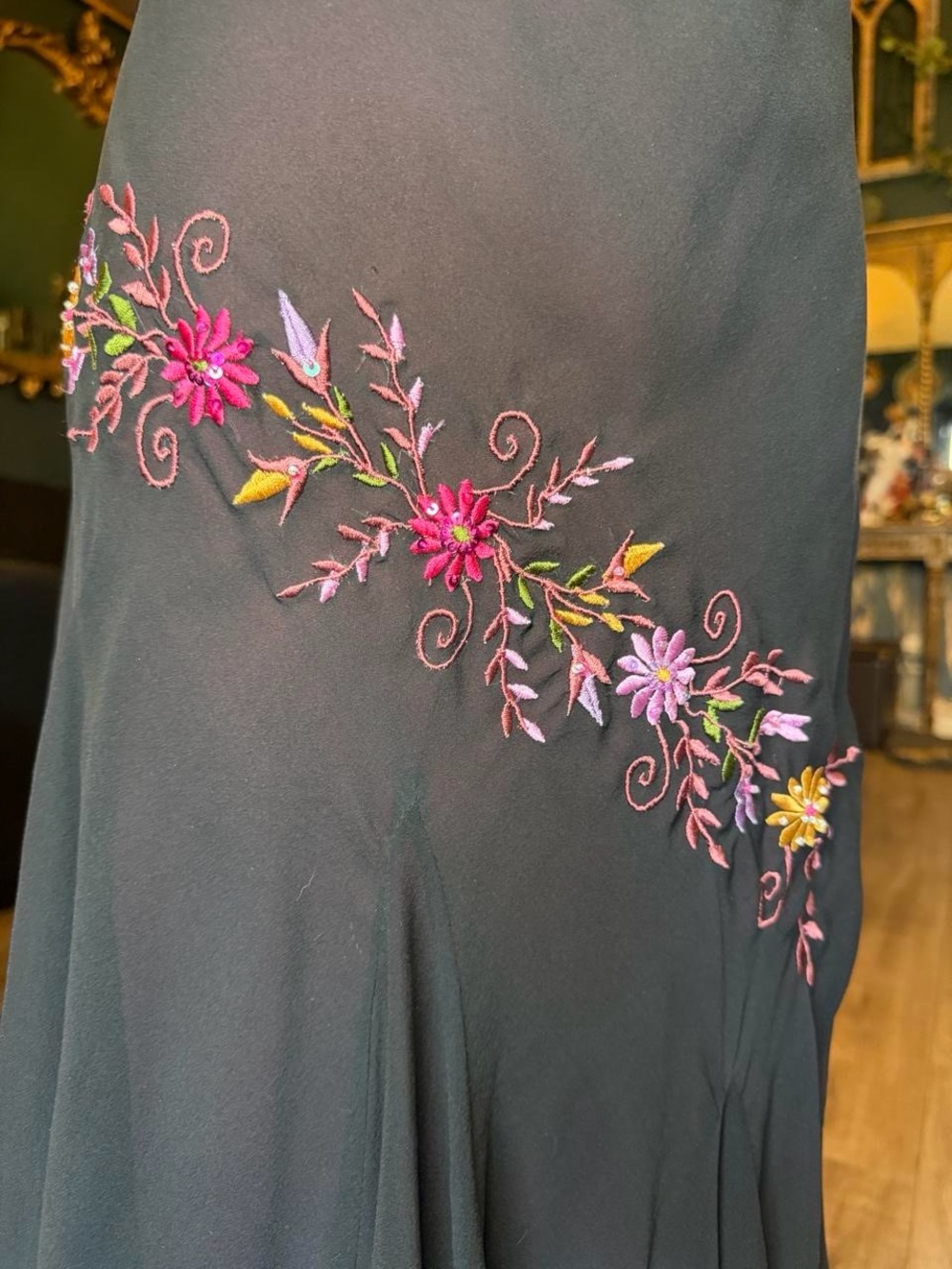 Vintage 90s/Y2K Betsey Johnson New York Embroidered Slip Dress | Floral Sequin M - Picture 2 of 7